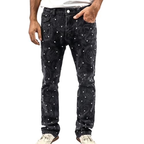 Men Rhinestone Skinny Ripped Jeans Y2k Stretch Slim Fit Stacked Jeans Grunge Denim Pants (US, Alpha, Medium, Regular, Regular, Black#2)
