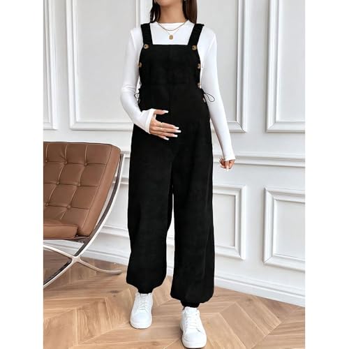 Hearda Salopette Femme Enceinte Pantalon de Maternité à Jambes Larges Combinaison Grossesse Doux Velours Côtelé, Tenue Décontractée et Élégante pour Future Maman (Noir,M) – vue 3