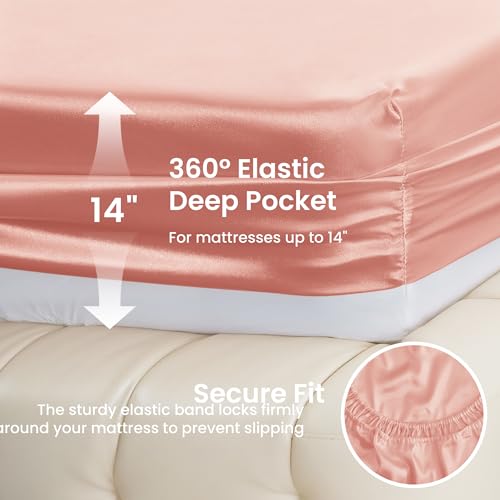Image of Love's cabin Full Size Satin Sheet Sets - 4 Piece Coral Silky Satin Sheet Set Full with Deep Pocket, Luxury Silk Feel Satin Bed Sheets Full Bedding Set (1 Flat Sheet,1 Fitted Sheet,2 Pillow Cases)