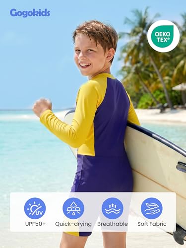 Gogokids Boys Girls One Pieces Swimsuits Long Sleeve Rash Guard UPF 50+ Bathing Suits Color Block Water Sport Zipper Swimwear,Yellow-Blue,4-5Years — view 6