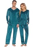 Ekouaer Men and Women Pajamas Set Flannel Long Sleeve Pajamas V Neck Loungewear Two Piece Pjs Set(Dark Green,L