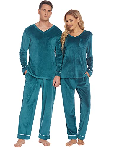 Ekouaer Couples Matching Pajamas Sets Velvet PJs Set for Men and Women Velour Long Sleeve Sleepwear S-XXL