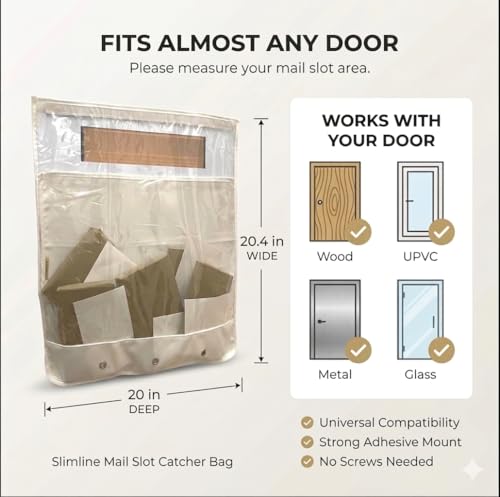 Image of Slimline Mail Slot Catcher for Door (20.4 inch W x 20 inch D), Letterbox Catcher for Glass, Wood & Metal Doors - Strong Adhesive, Indoor Post Catcher for Small Packages & Magazines (Warm White Transparent)