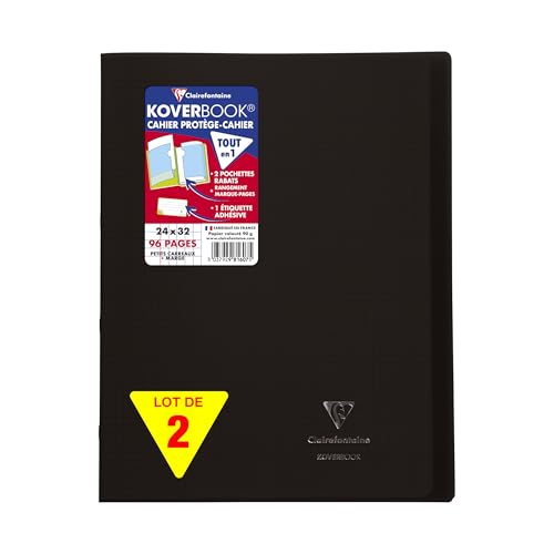 Clairefontaine 981607AMZC Un lot de 2 Cahiers Agrafés Koverbook - 24x32 cm - 96 Pages Petits Carreaux avec Marge 90 g - Couverture Polypro - noir