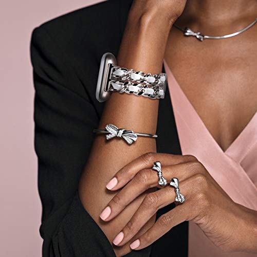 NewWays Compatible for Fitbit Versa 2 Bands For Women, Dressy Bracelet Compatible for Fitbit Versa/Fitbit Versa 2/ Fitbit Versa SE Smart Watch, Silver Link with White Leather