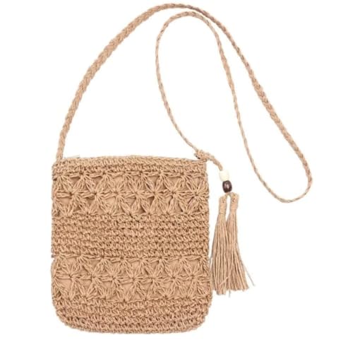 Bolsa de Palha Pequena Feminina Casual Forrada com Chaveiro Transversal (Cáqui)