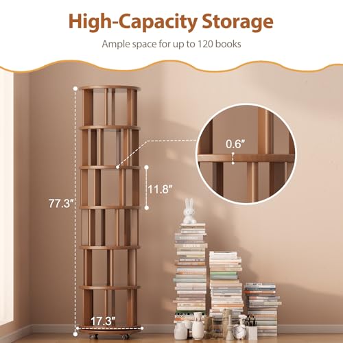 Muwuele 6 Tier Rotating Bookshelf Tower, Solid Wood Bookshelf on Wheels, Circular Book Shelf Rotating, Revolving Bookcase for Small Spaces, Corner