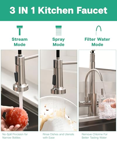 Image of GIMILI 3 in 1 Kitchen Faucet with Pull Down Sprayer Brushed Nickel Two Handle Kitchen Sink Faucet with Under Sink Water Filter System Reduces PFAS, PFOA /PFOS, Lead, Chlorine, Bad Taste & Odor