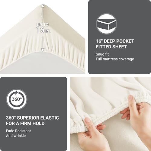 Image of True North by Sleep Philosophy Micro Fleece Bed Sheet Set, Warm, Sheets with 14 inch Deep Pocket, for Cold Season Cozy Sheet-Set, Matching Pillow Case, King, Ivory, 4 Piece