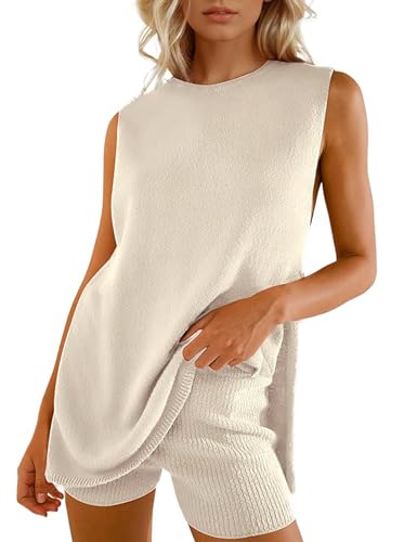 Image of Wyeysyt 2 Piece Sets for Women Summer, Sweater Set Sleeveless Tunic Top and Shorts Beach Vacation Sets Tracksuits