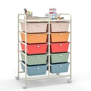 Giantex 10 Drawers Rolling Cart, Classroom Organizers, Storage Cart with Wheels, for Teacher Office Home School Supplies Tool Craft Art Paper, Multicolor