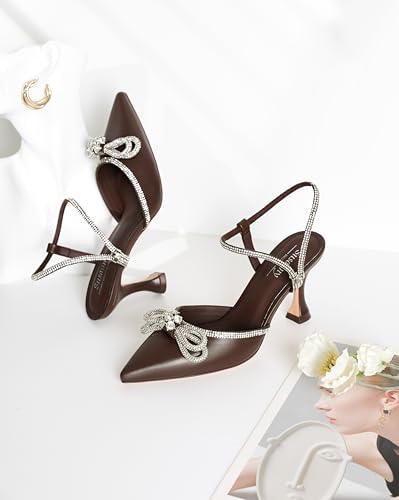 Image of Susanny Women's Closed Toe Rhinstone Wedding Low Heel Slingback Clear Kitten Heels,Adjustable Strap Pointed Toe Bow Pumps High Heeled Prom Dress Shoes