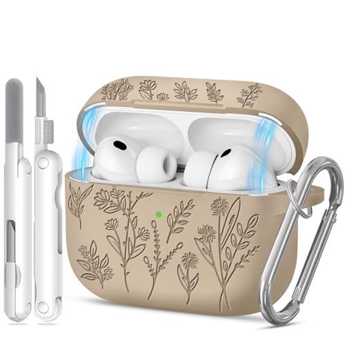 Image of for Airpods Pro 3 Case with Magnetic Lid, Flower Engraved Cases for Apple AirPods Pro 3rd Generation 2025, Soft Silicone Cover for Women Girly with Cleaner & Keychain, Shockproof