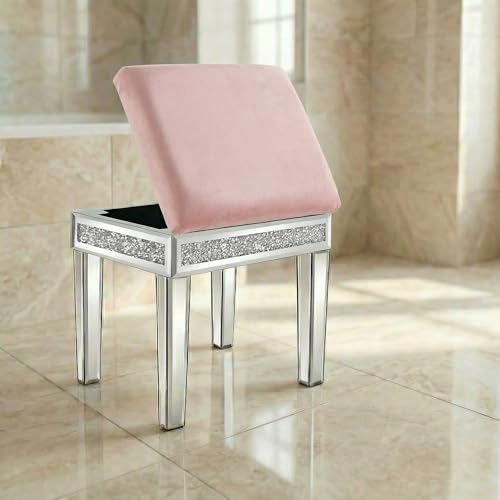 PETALLERIE Premium Vanity Stool Chair for Makeup – Velvet Cushioned Seat with Hidden Compartment, Mirrored Legs, Sparkling Diamond Trim, Piano Bench, Dusty Pink, 18.5''