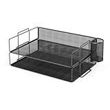 JOPOO Letter Trays, 2pcs Stackable Paper Sorter with 1 Pen Holder, A4 Desk Organiser, Mesh Desk File Tray for Home Office Supplies