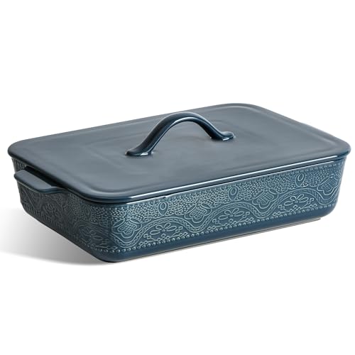 Casserole Dish with Lid, Ceramic 9x13 Casserole Dish for Oven, Rectangular Bakeware, Large Baking Dish with Handles for Holiday Cooking, Roasting, Baking, Oven & Microwave Safe (Blue)