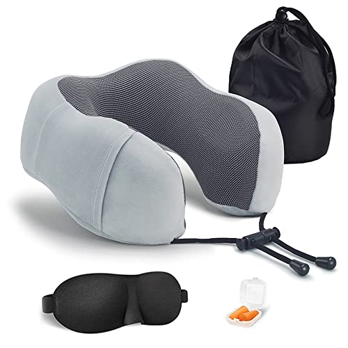 YSEN Travel Pillow Neck Pillow Kit 100% Memory Foam Pillow Comfortable Breathable with Storage Bag 3D Eye Mask Ear Plugs Lightweight Traveling Pillow for Sleeping, Car, Train, Bus and Home (Grey)