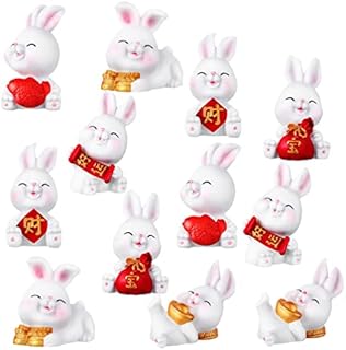 Operitacx 12pcs Mini Rabbit Bunny Figurines Chinese Zodiac Animal Figures 2023 Year of The Rabbit Lucky Statues for Cake Dollhouse Micro Landscape Car Home Decor