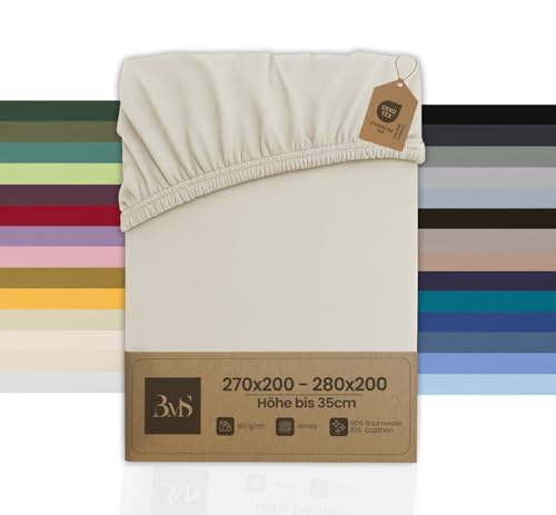 Bettwaesche-mit-Stil Jersey Spannbettlaken (Natur, 270x200 cm - 280x200 cm, Matratzenhöhe bis 35cm) viele Farben & Größen