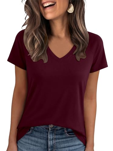 ANRABESS Womens Tops Short Sleeve V Neck Shirts Summer Basic Tee Trendy Cute Tshirts 2026 Spring Casual Outfits Burgundy Medium