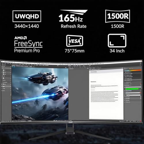 34 Inch Curved Gaming Monitor/WQHD Ultrawide Monitor - Immersive Gaming Experience with 165Hz Refresh Rate, VA Panel, and AMD FreeSync Premium | HDR10 | 99% sRGB | 3440x1440/PBP Mode