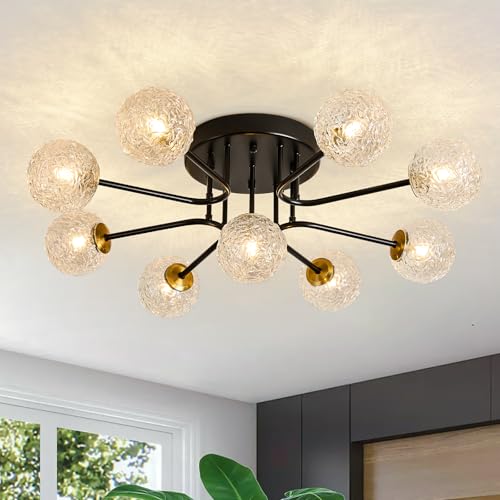 Image of Sputnik Semi Flush Mount Ceiling Light Black Glass Globe Ceiling Lighting Modern Close to Ceiling Light for Living Room Dining Room Bedroom Kitchen