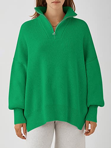 Image of ANRABESS Womens Oversized Quarter Zip Pullover Sweaters | Fall Fashion Outfits, Long Sleeve Slit Side, Baggy Loose Fit, 1 /4 Zip Lapel Collared, Ribbed Knit Soft Warm Winter Clothing