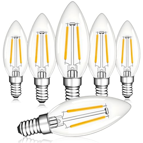 Grensk Dimmable E12 LED Bulbs 25Watt Candelabra Light Bulbs Warm White 2700K 2W B11 Vintage Chandelier Candle Bulb Type B Filament Light Bulbs Ceiling Fan NO Flicker 120V 200LM 6pcs