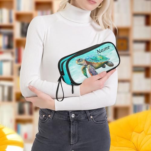 Image of Custom Sea Turtle Teal Pencil Case Box Boys Girls Personalized Name Large Pencil Pouch Stationery Pen Bag Organizer for Kids Adults School Office