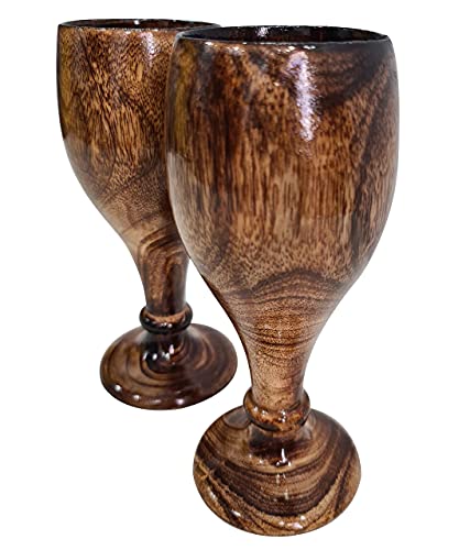 Antique Rustic Dark Brown Wooden Wine Goblet Vintage Wine & Champaign Glass Set Of 2 Bar Drinkware #TOP2