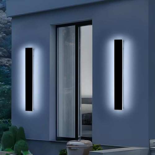 Image of 2 Pack 23.6inch Long Outdoor Led Wall Light, IP65 Waterproof Black Outside Porch Light, 6000K Cold White, 24W, Modern Exterior Wall Sconces Lighting for Garage, Patio, House, Garden