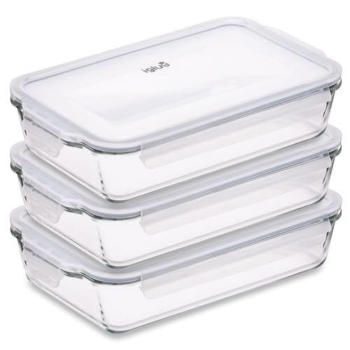 Igluu Meal Prep Plat à lasagnes en Verre (Lot de 3) – Couvercle hermétique à fermeture à pression et Sans BPA – Compatible micro-ondes, four,...