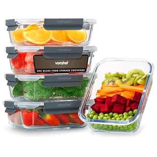 VonShef Boîtes Alimentaires en Verre- Lot de 5 Boîtes Repas 1 L, Couvercles Hermétiques et Sans BPA, Idéales pour Meal Prep, Empilables, Compatibles Micro-ondes, Four, Congélateur et Lave-vaisselle