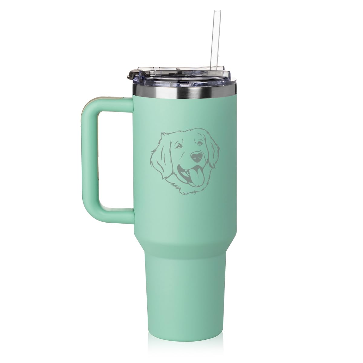 Daylor 40 oz Tumbler with Handle and Straw Lid Stainless Steel Insulated Travel Mug Cup Golden Retriever Face (Sea Foam Green)