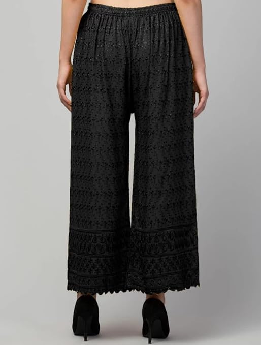 Image of Women's Palazzo Pants Rayon Trousers Chikankari Embroidered Lace Trim Wide Leg Straight Fit Flared Palazzo for Girls & Women