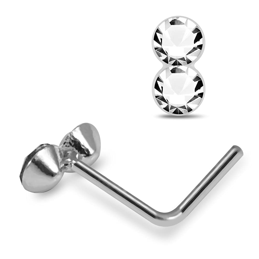 PiercingPointDouble Round Gemstone Top 22 Gauge Silver L Bend Nose Stud Piercing Jewelry