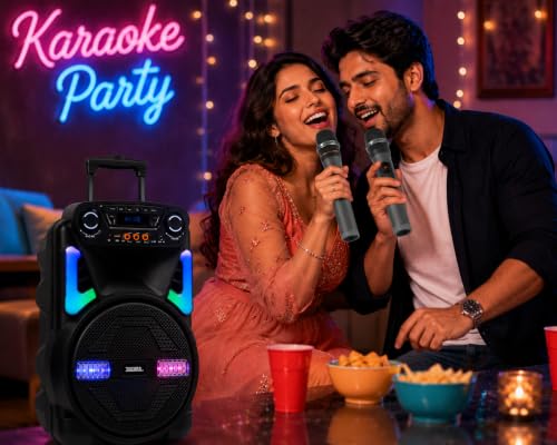 Image of Takara T 7112a Party Karaoke Trolley DJ Speaker Multimedia Bluetooth; Audio Recording; USB; with 2 Wireless Mic; Remote Control; FM with New DJ LED Light (Black)