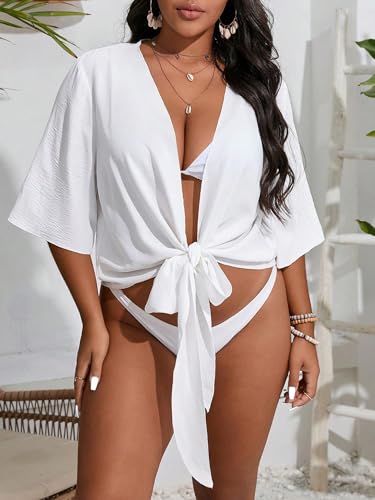 Floerns Women's Plus Size Tie Front Half Sleeve Kimono Cover Up Crop Tops3