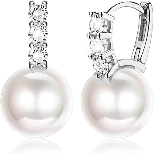 ORAZIO Pendientes de Aro de Plata de Ley 925 con Perlas Blancas Creados con Pendientes de Gota de Circonita Para Mujeres Pendientes de Aro Hipoalergénicos Chapados en Oro de 14 Quilates