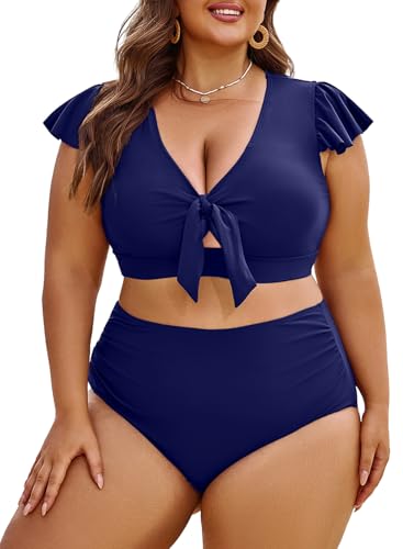 Eytino Womens Plus Size Two Piece Bikini Swimsuit Ruffle Sleeve High Waisted Tummy Control Bathing Suits Swimwear(1X-5X)