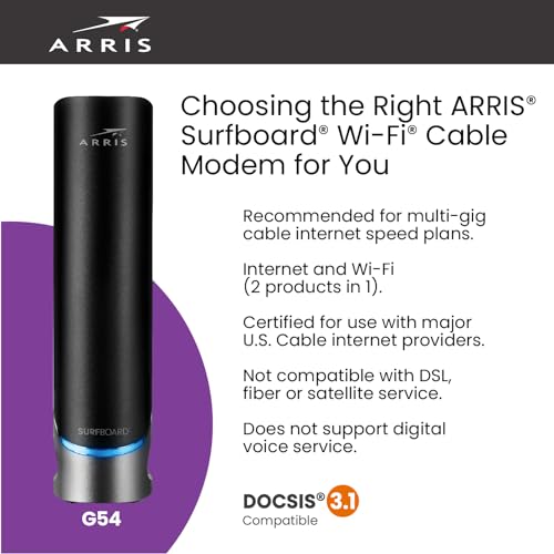 Image of ARRIS (G54) - Cable Modem Router Combo - Fast DOCSIS 3.1 Multi-Gigabit & BE 18000 WiFi 7 Comcast Xfinity, Cox, Spectrum Quad-Band 1, Up to 18 Gbps Max Speed