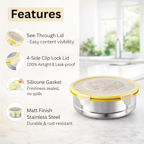 Image of Stainless Steel Airtight Round Container with Leak Proof Lid | BPA Free Food Storage Lunch Box Dabba for Office College School Home Travel | Tiffin Box (5.50 x 12 cm Size) | Pack of 2,Yellow
