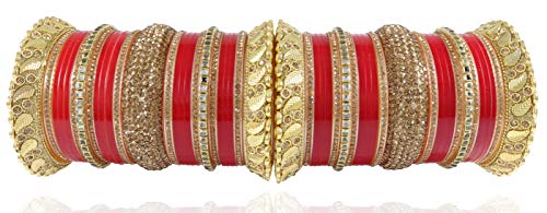 Image of NMII Traditional Gold Plated Acrylic Bangles Bridal Chuda Set For Women & Girls with Zircon Diamond & Pearls Beads Work | Royal Wedding Chudas | Premium Look | Bangles For Wedding, Festive, Function