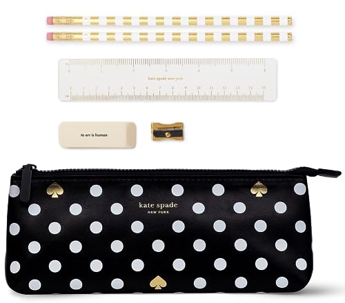 Estojo Kate Spade New York incluindo 2 lápis, apontador, borracha e material escolar de régua, bolinhas (preto/branco)