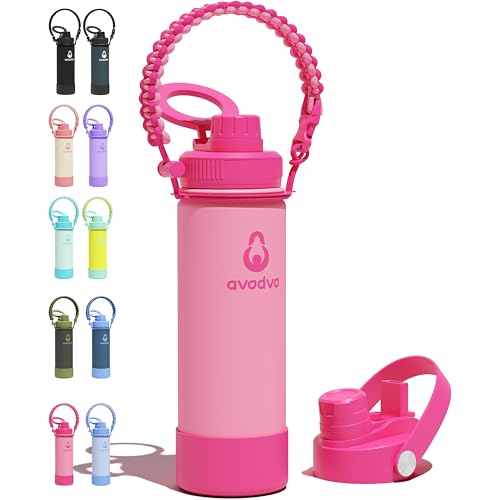avodvo 18 oz Insulated Water Bottle with 2 Lids (2-in-1 Straw & Spout Lid, Magnetic Lid), Slim Water Bottle with Strap, Stainless Steel Water Bottle for School, PA-Free, Pink avodvo 18 oz Insulated Water Bottle with 2 Lids (2-in-1 Straw & Spout Lid, Magnetic Lid), Slim Water Bottle with Strap, Stainless Steel Water Bottle for School, PA-Free, Pink