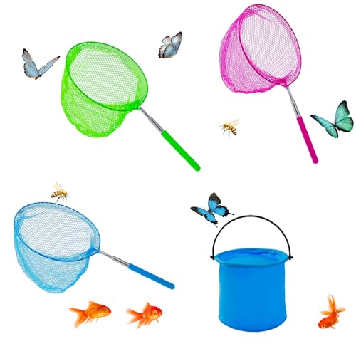 YORFULL Red de Mariposas Niños, Red Telescópica para Niños, Juego de 4 Piezas Incluye 3 Cazamariposas y 1 Cubo Plegable, Red de Pesca para Niños para Atrapar Insectos, Pescar