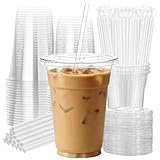cundao 25 Pack 16 oz Clear Plastic Cups with Lids and Straws, Leak-Proof Disposable Iced Coffee Cups, BPA-Free PET Cold Drink Tumblers for Smoothie, Tea and Juice, Crystal Clear To Go Cups