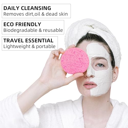kickleen 50-Count Compressed Facial Sponges|Kickleen 100% Natural Cellulose Cosmetic Spa Sponges for Daily Facial Cleansing|Makeup and Mask Removal|Exfoliating|Skin Massage|Pore Exfoliation (50 Count (Pink))