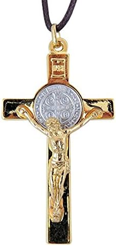 Miniatura 2 de Oro con dos Tono de plata San Benito Cruz Latina Crucifijo Colgante 3inch