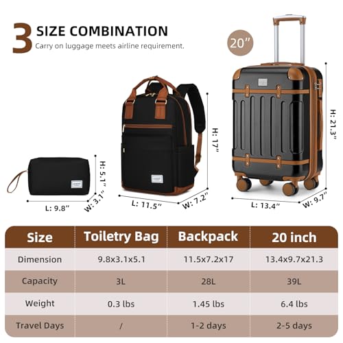 Image of LARVENDER Luggage Sets 3 Piece Expandable Carry on Luggage 22x14x9 Airline Approved Hardshell Suitcase with Wheels TSA Lock, Lightweight Suitcase Set for Women with Travel Backpack, Black